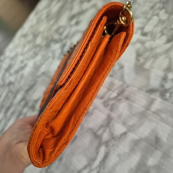 Orange & Gray Ostrich Leather Clutch Gold Chain Strap Sleek Design - Picture 8 of 12